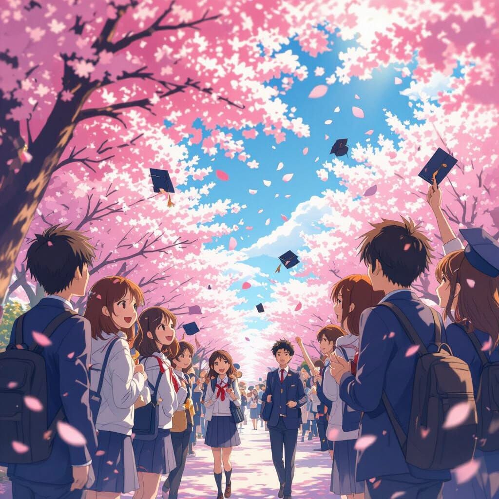 Anime Graduation with Cherry Blossoms
