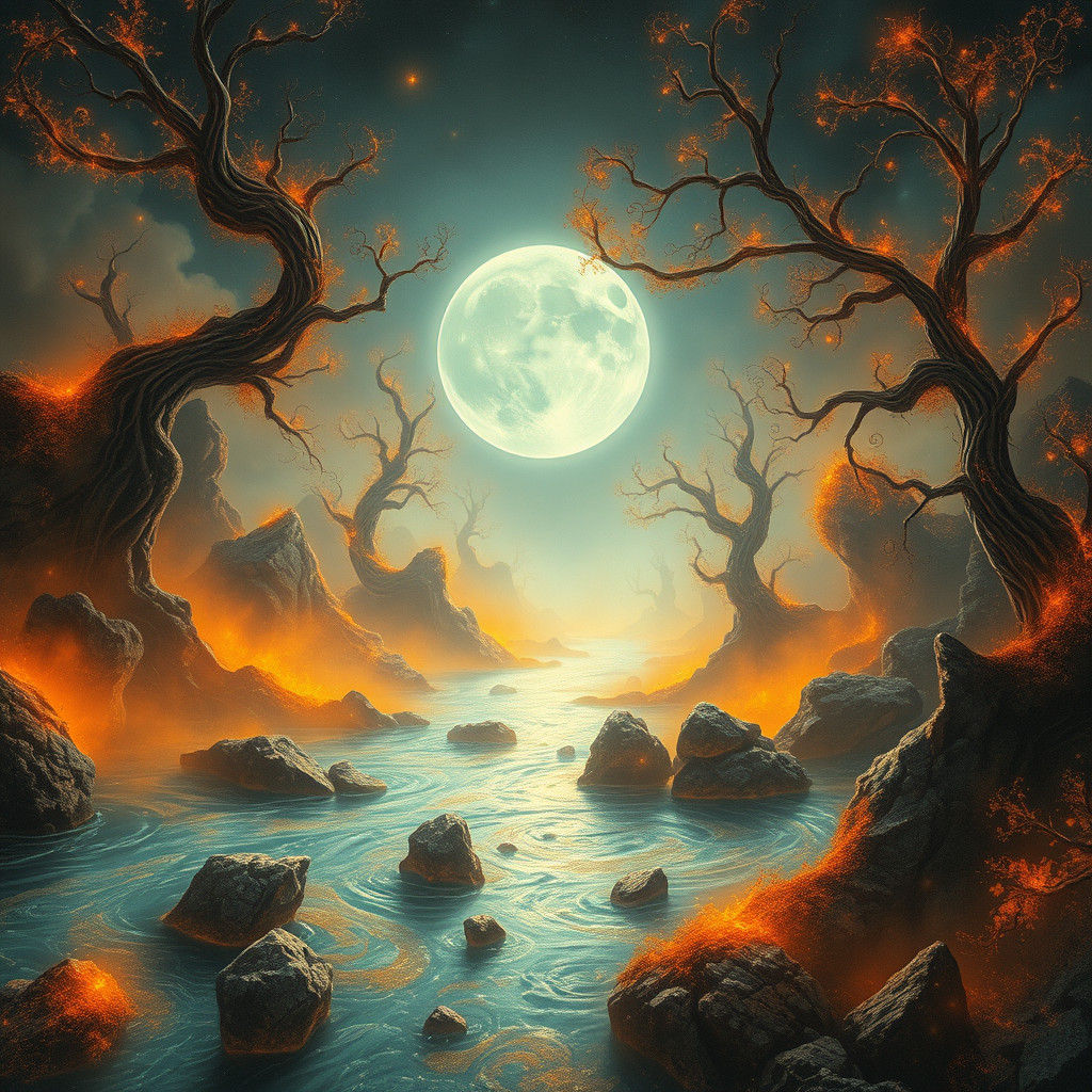 Mystical Moon River in Surrealist Style