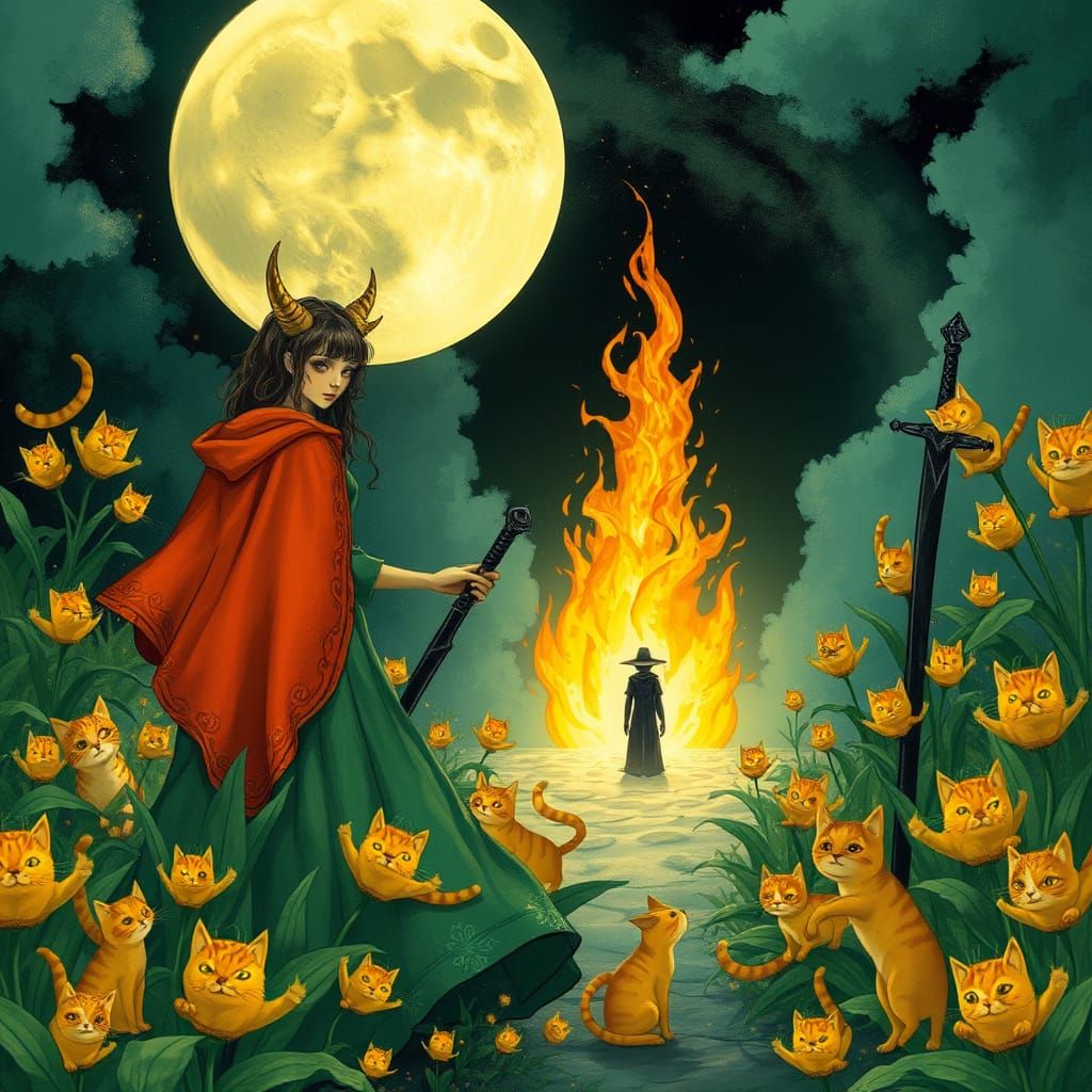 Whimsical Princess Tends Feline Garden Amidst Magical Realms