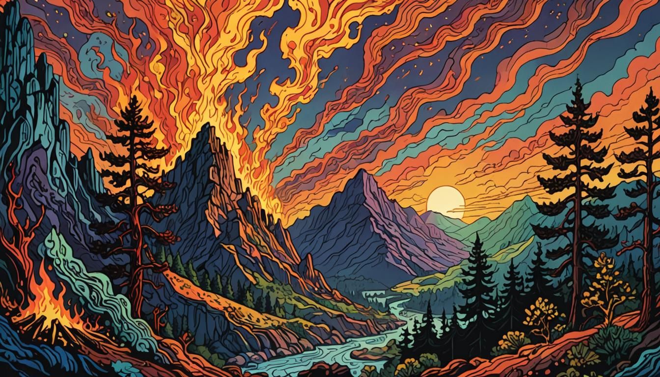 Psychedelic Burning Cliffs Aurora in Woodcut Pixel Art