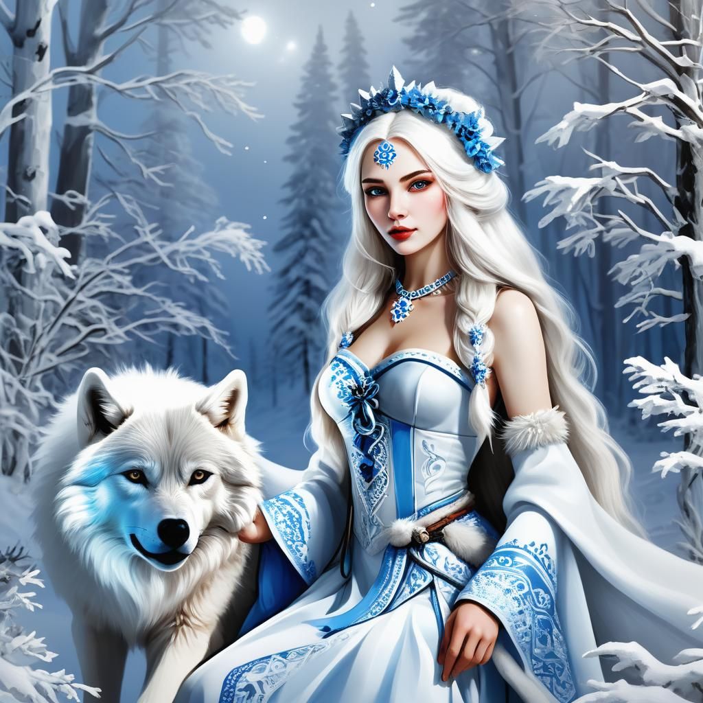 Snow Maiden and White Wolf Fantasy Art