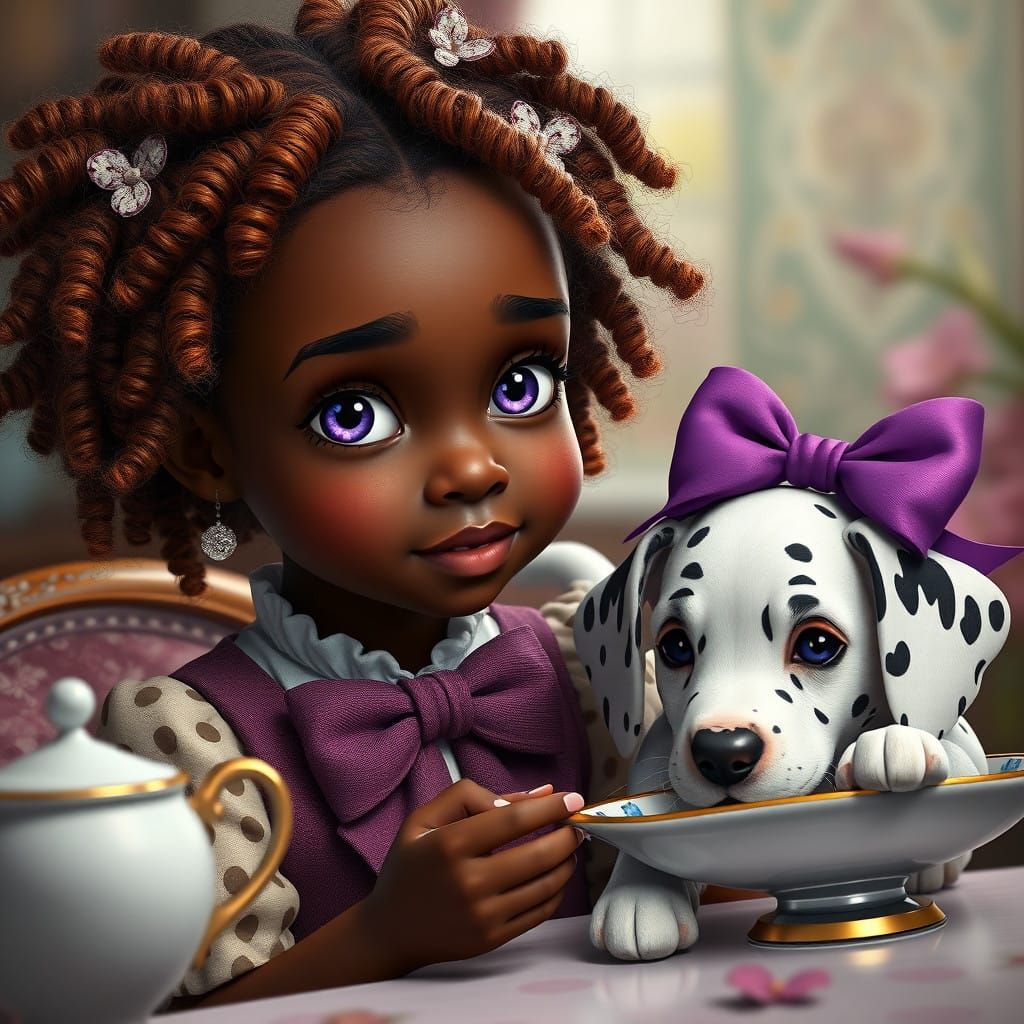 Little Girl with Russet Curls Enjoys Formal Tea Time in Fant...