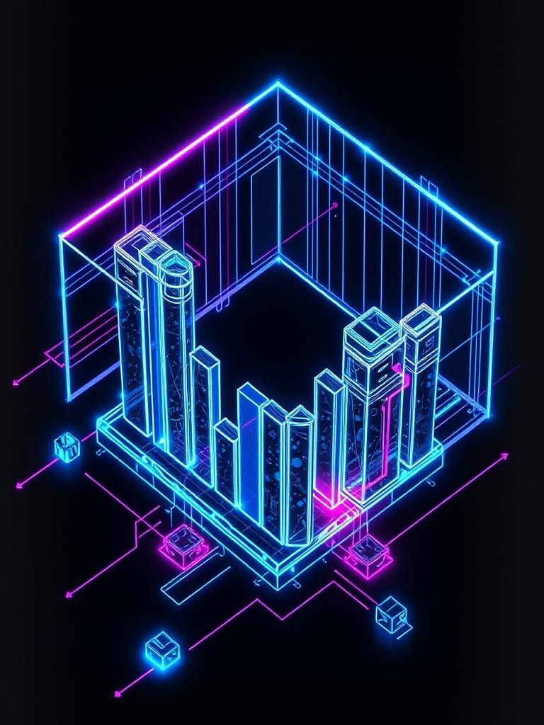 Futuristic Tetris Game in Neon-Lit Technical Drawing Style
