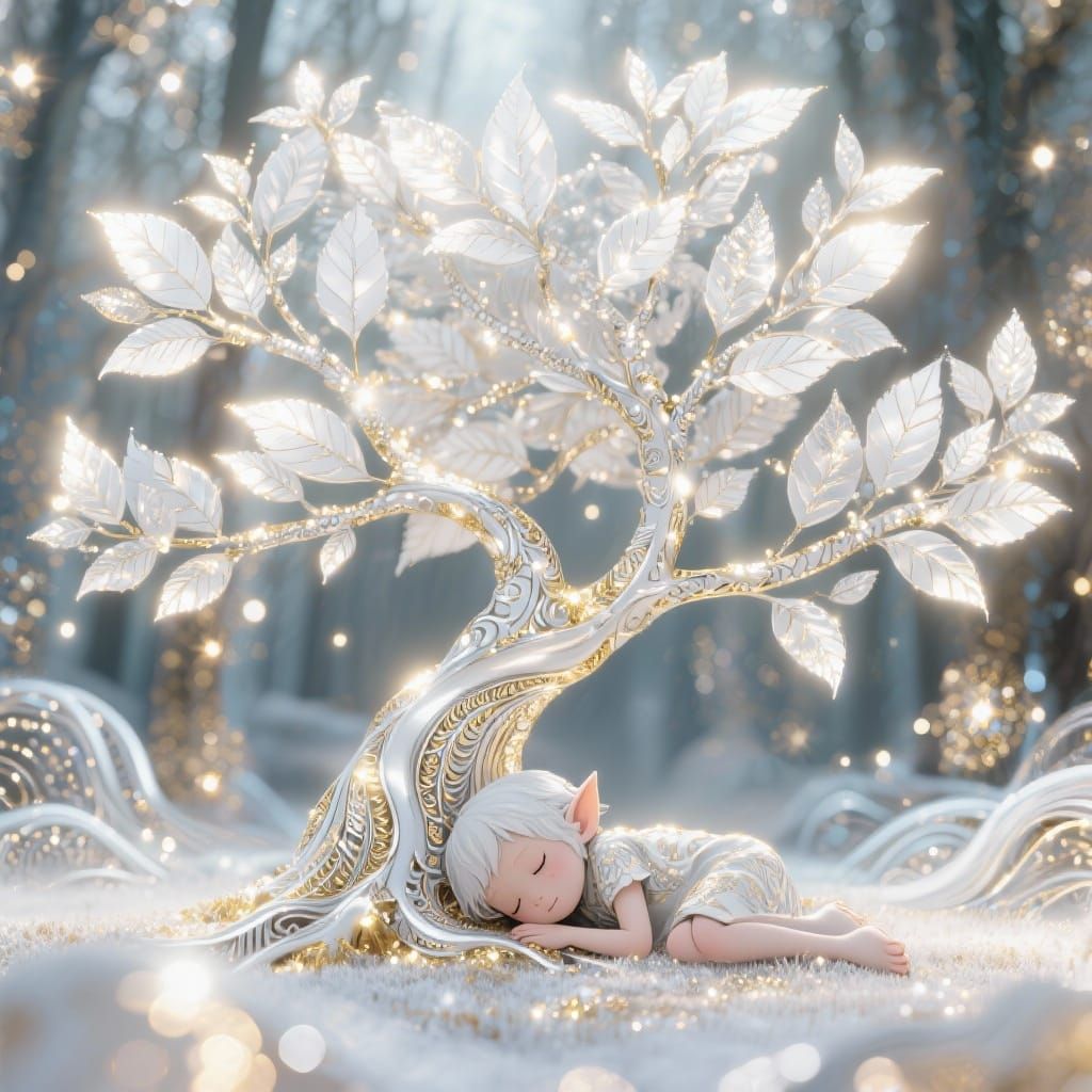 Luminescent White Tree in Magical Forest