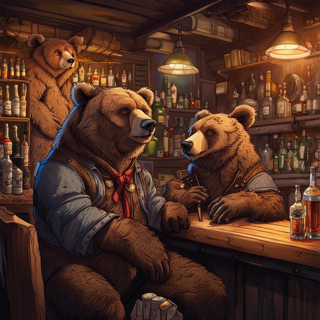 Anime Bears Sip Root Beer at the Bar