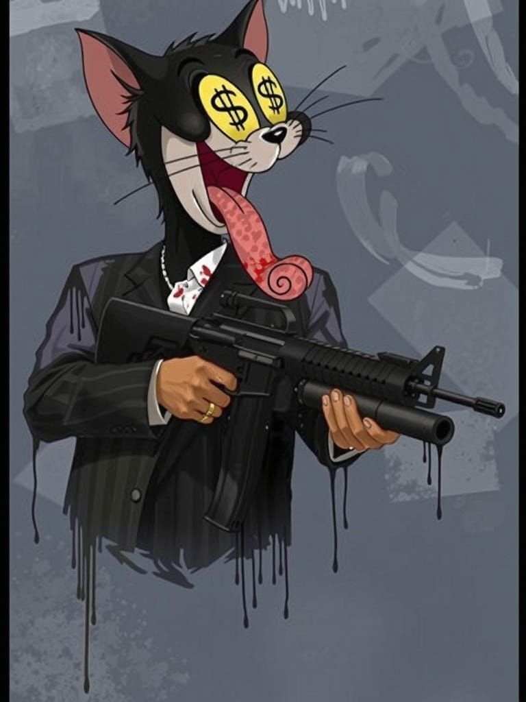 Stylized Dark-Skinned Cartoon Cat in Pinstriped Suit