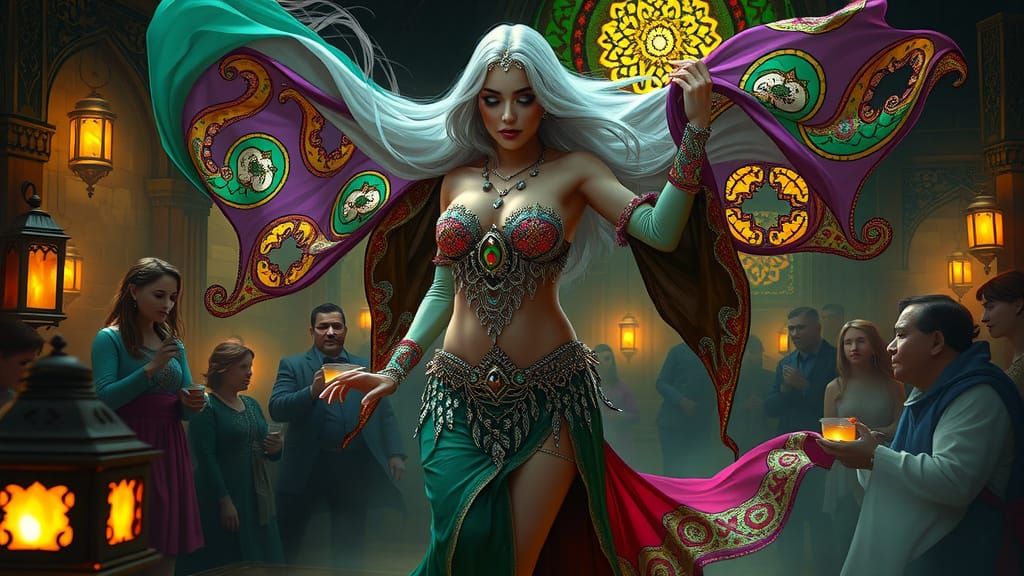 Gothic Aasimar Belly Dancer in Opulent, Mystical Attire