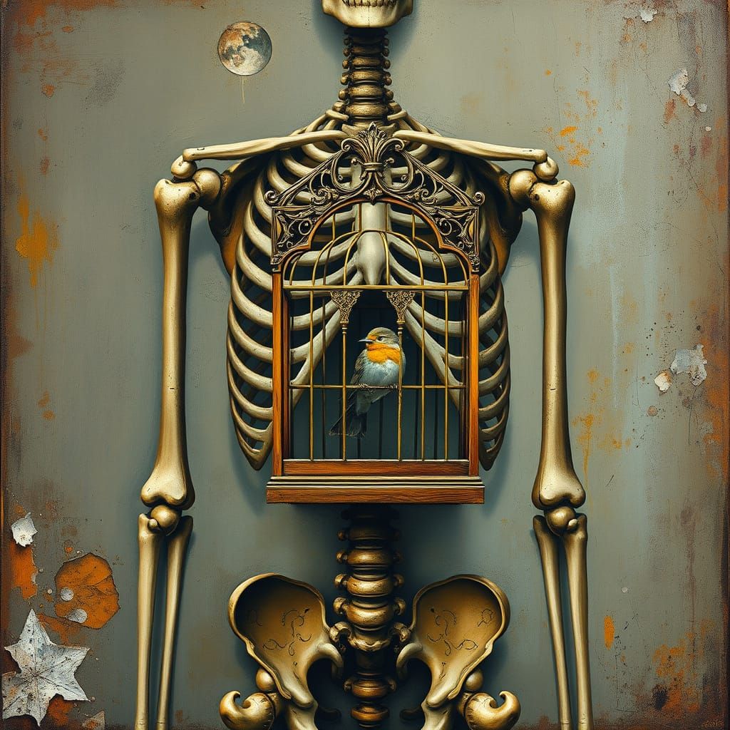Surreal Skeleton Birdhouse in Dreamlike Style
