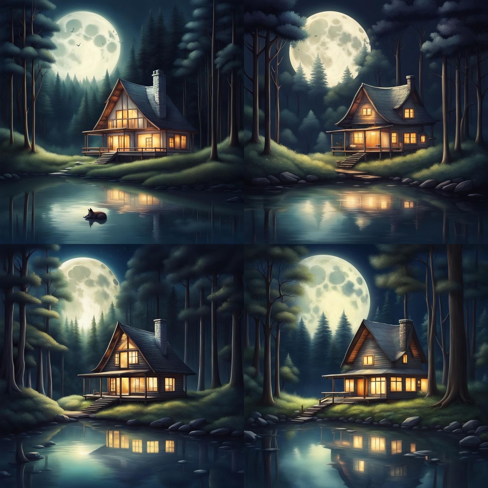 Moonlit Forest House with Fox by Zen River