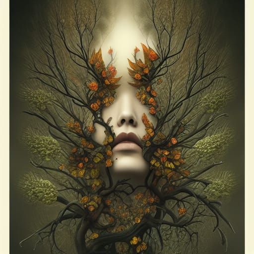 Surreal Dying Oak Tree with Wildflowers