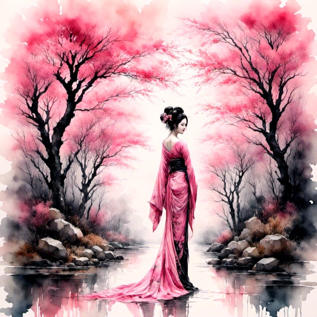 Geisha Silhouette in Antique Watercolor Style