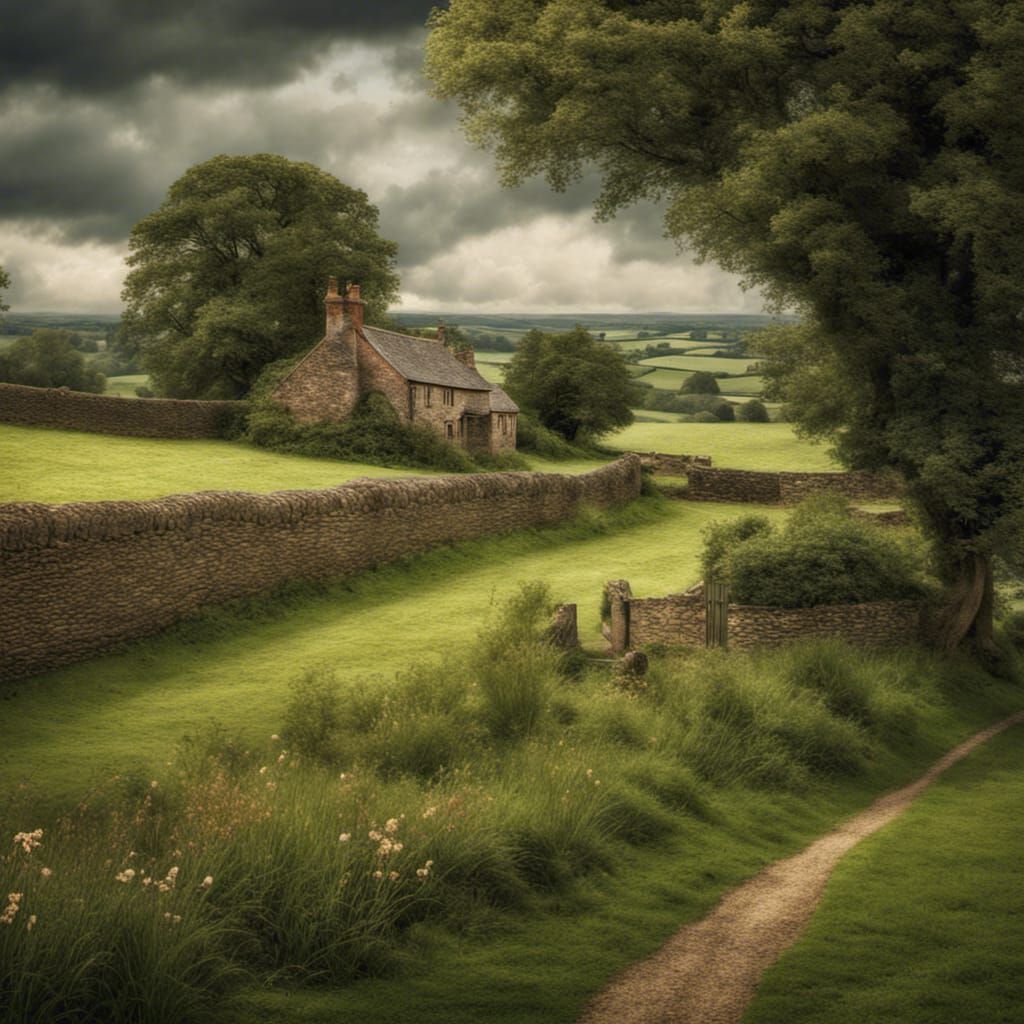 British Countryside Scene in Arts and Crafts Style