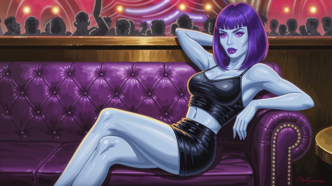 Gothic Femme Fatale Reclines in a Vibrant Nightclub