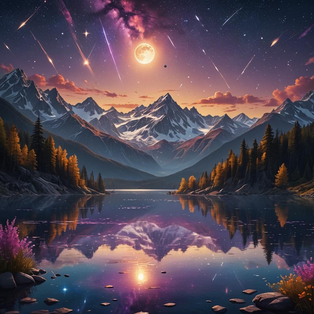 Vibrant Moonset Over Mountain Lake with Shooting Stars