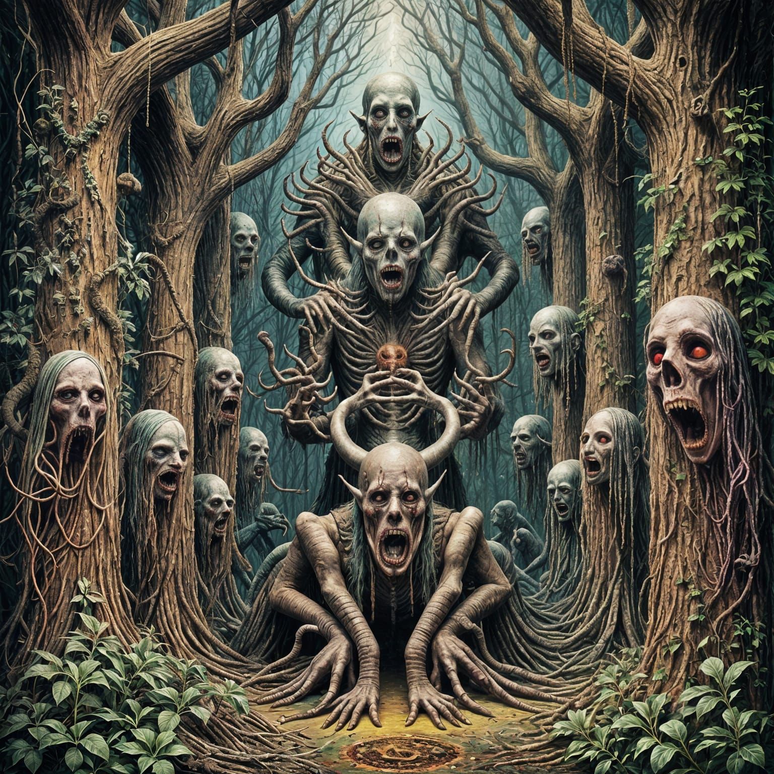 Cosmic Horror Tapestry in Eerie Forest