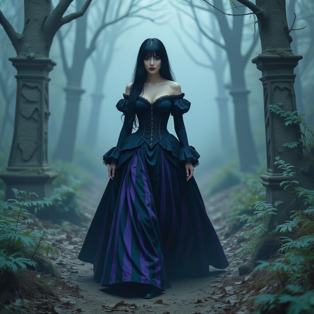 Gothic Woman Walks Through Shadowy Surrealist Landscape