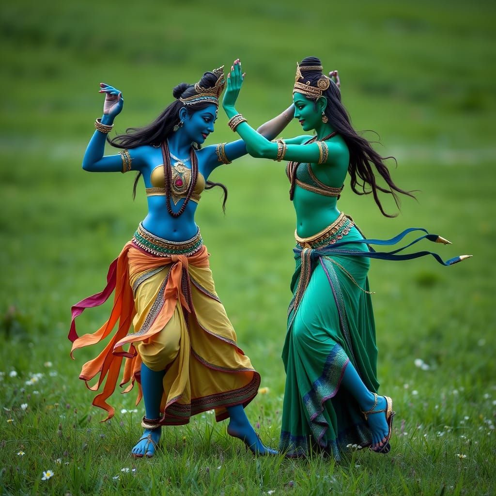Mystical Goddesses Dance on a Vibrant Meadow in Photorealist...