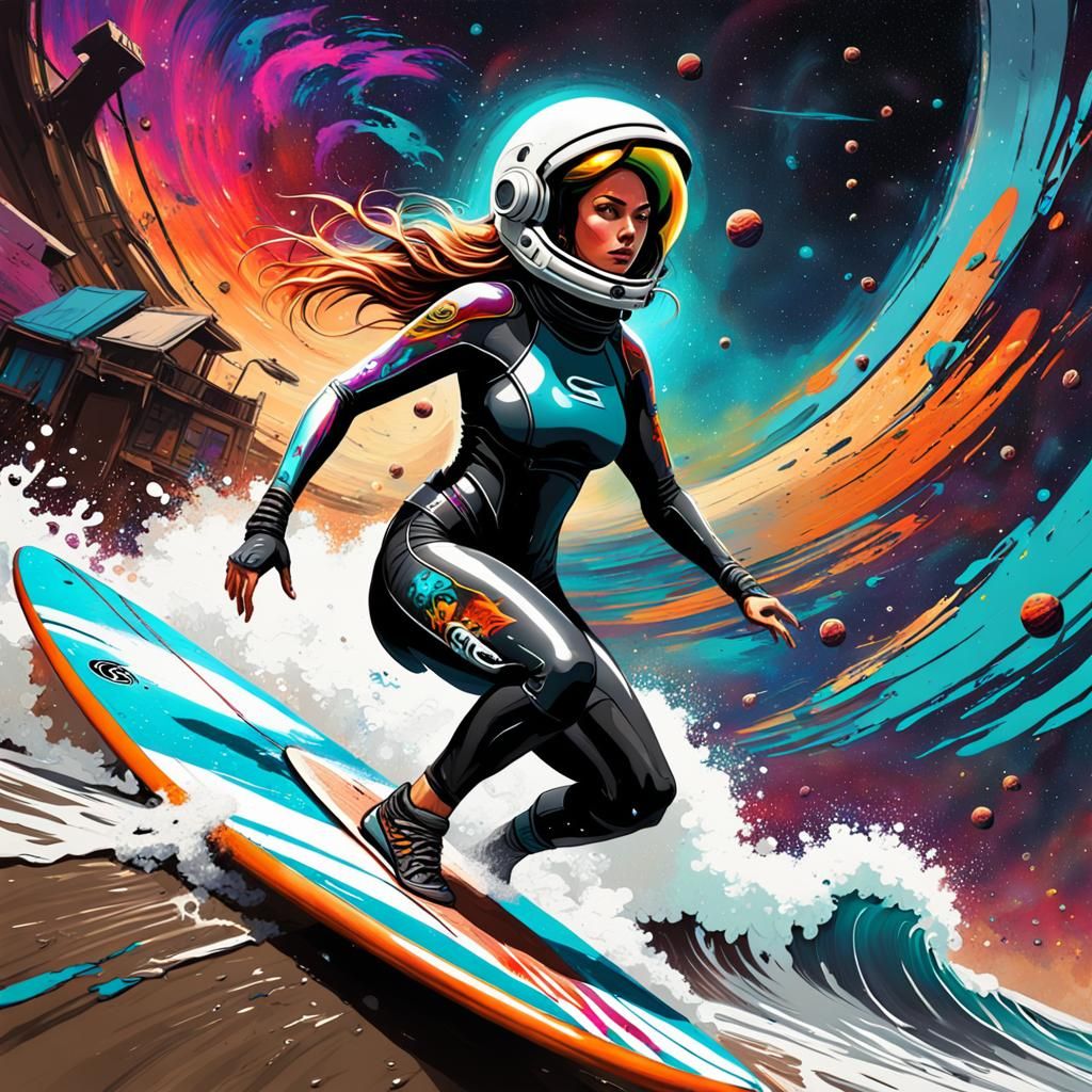 Surfing Girl in Space: Vivid Graffiti Art
