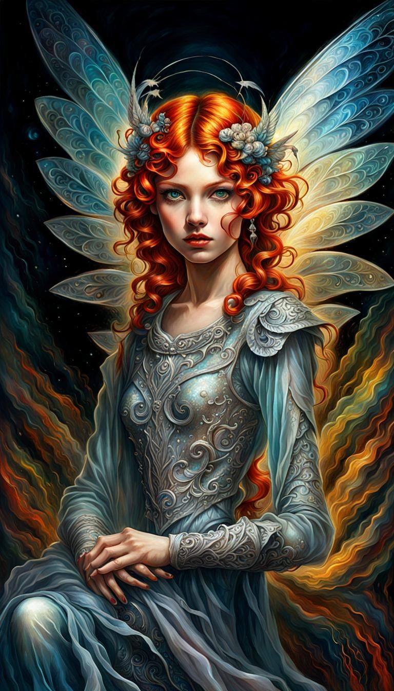 Evil Redhead Pixie Fairy Portrait with Iridescent Wings