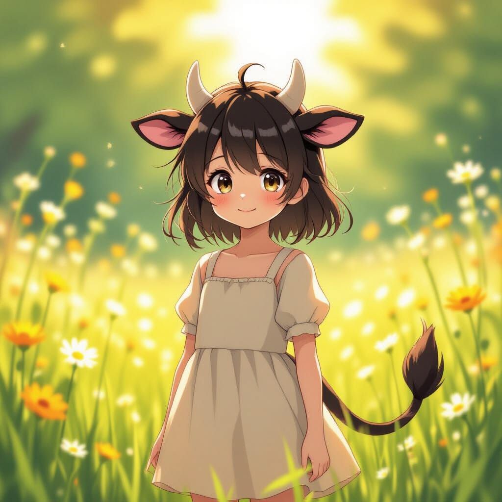 Anime Girl with Cow Ears in Sunlit Meadow