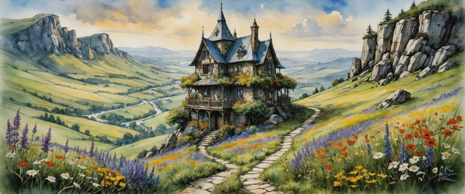 Hyperrealistic Stone House in a Vibrant Fantasy Landscape