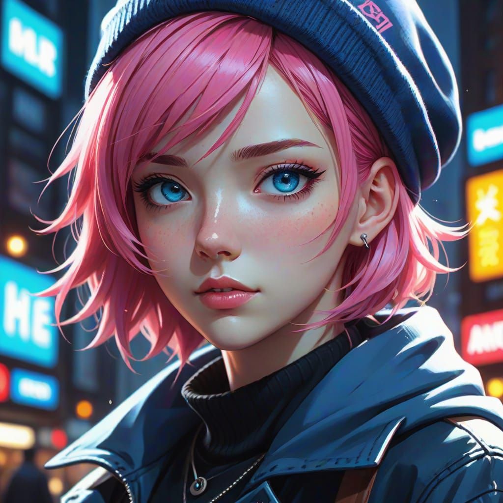 Hyper-Realistic Anime Girl in Moody Blue Jacket