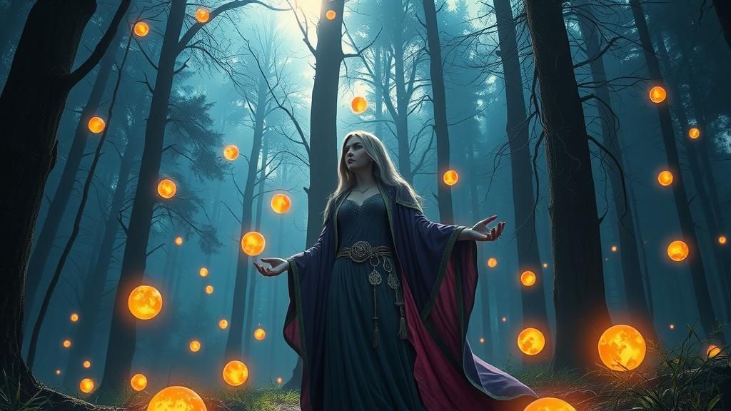 Ethereal Sorceress in Mystical Forest: Matte Painting