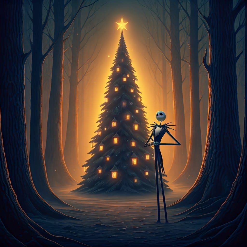 Ethereal Christmas Tree in Mystical Forest with Jack Skeleto...