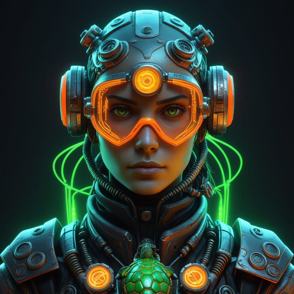 Steampunk Lady with Mechanical Turtle in Neon