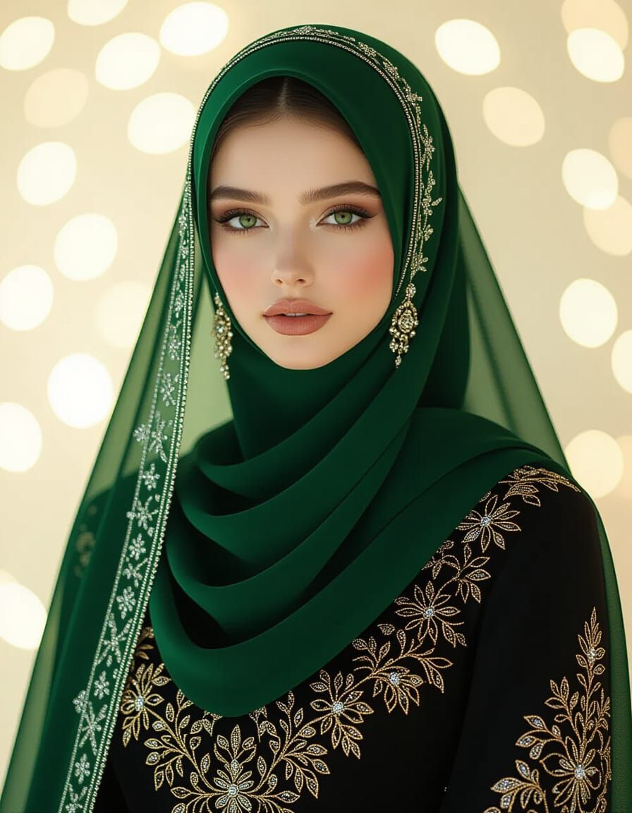 Woman in Emerald Hijab with Golden Embroidery
