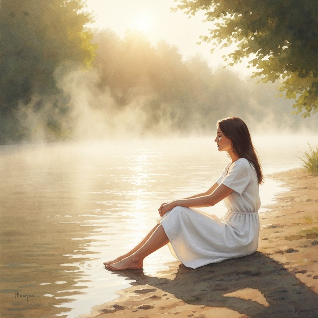 Woman Meditating by Gentle River in Golden Hour