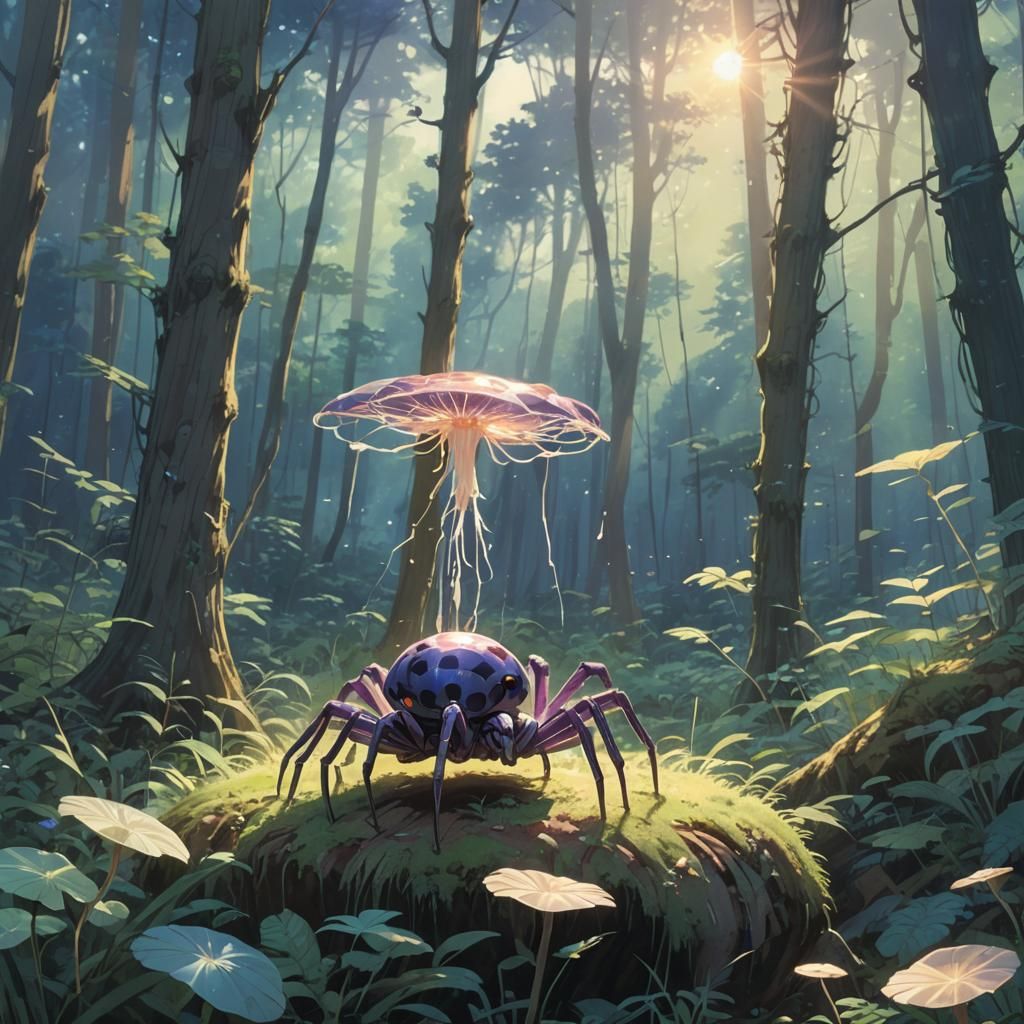 Sun Spider on Glowing Mushroom: Anime Concept Art