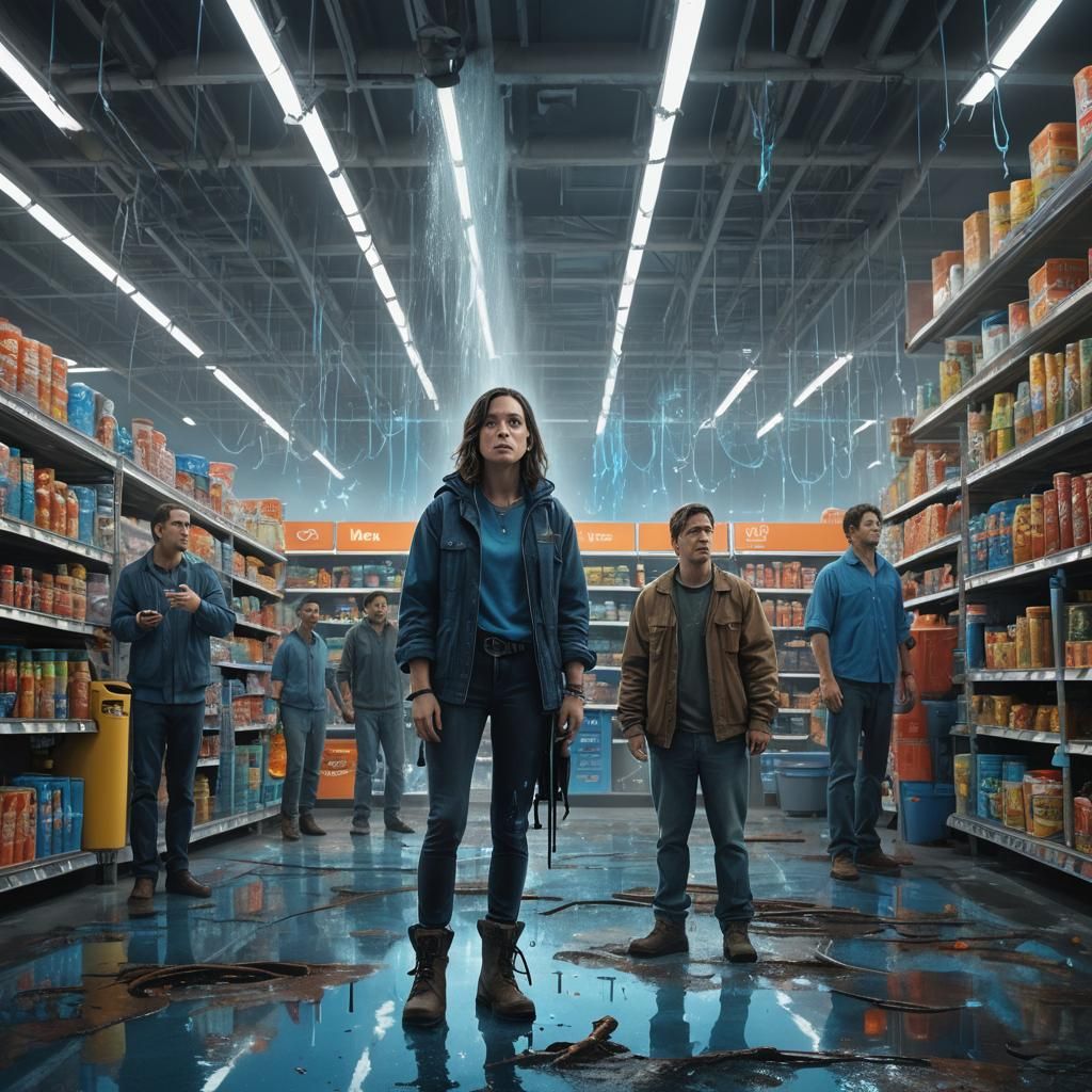 Frustrated Woman and Leaky Pipe in Walmart Aisle