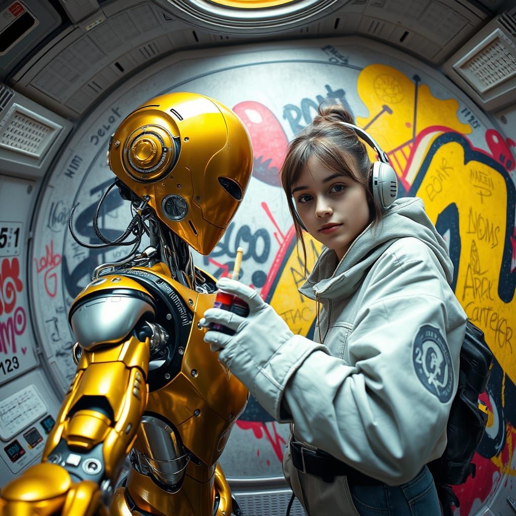 Golden Robot and Graffiti Artist Unite in Vibrant Space Stat...