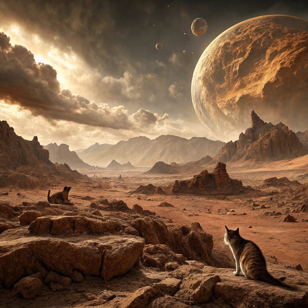 Barren Venus Landscape with Cats in a Sweltering Environment