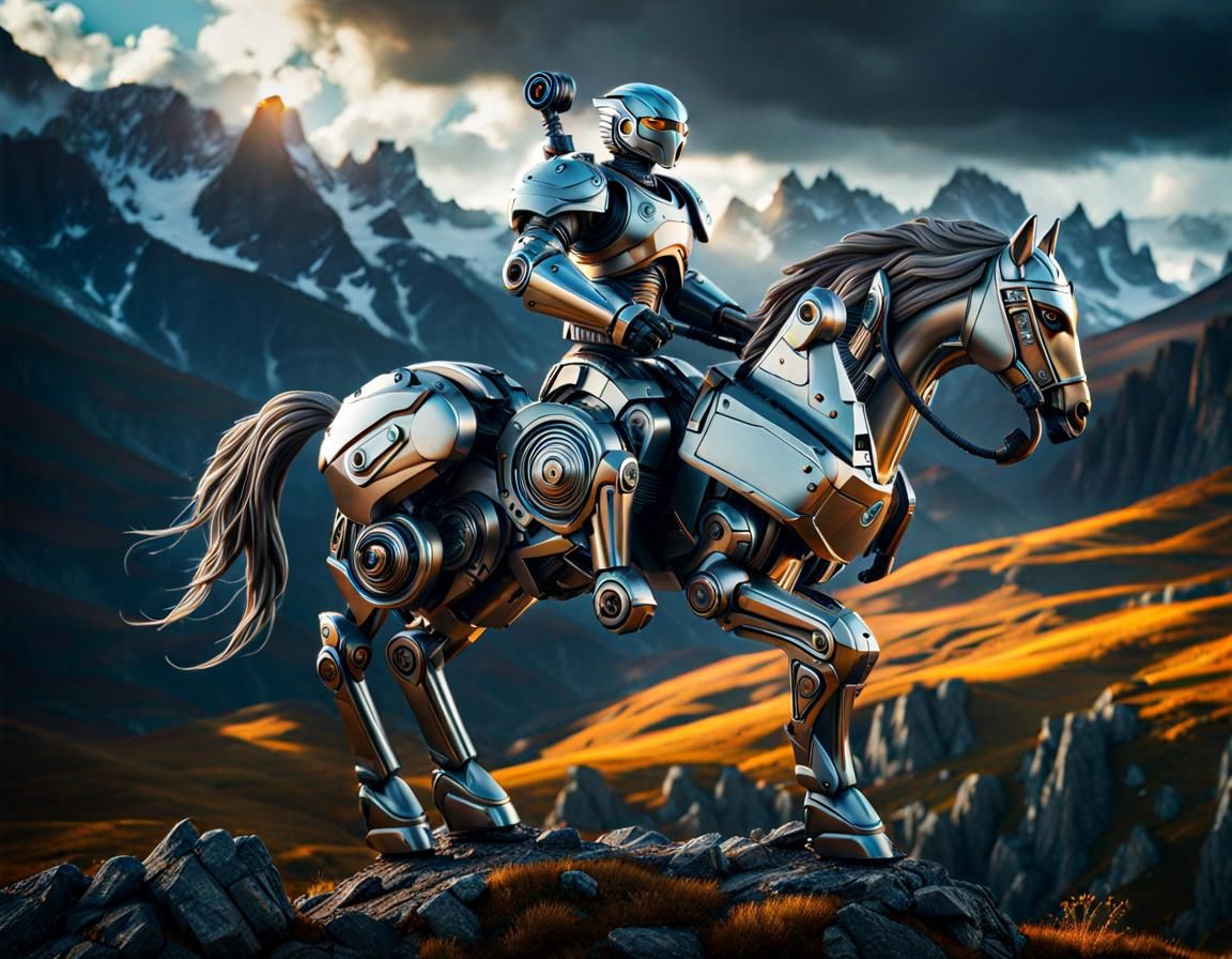 Hyperrealistic Robot Cowboy in Mountain Landscape