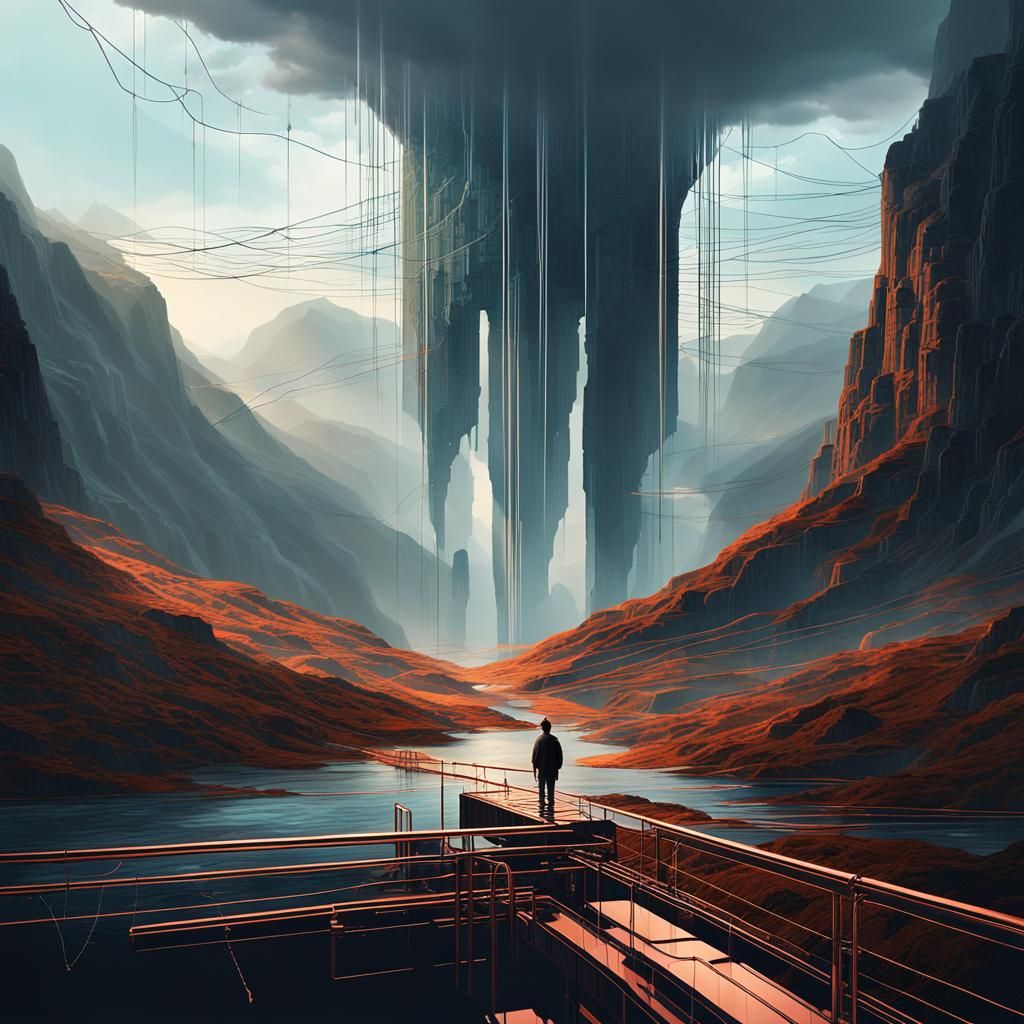 Colossal Wire Waterfall in Misty Valley as Digital Art