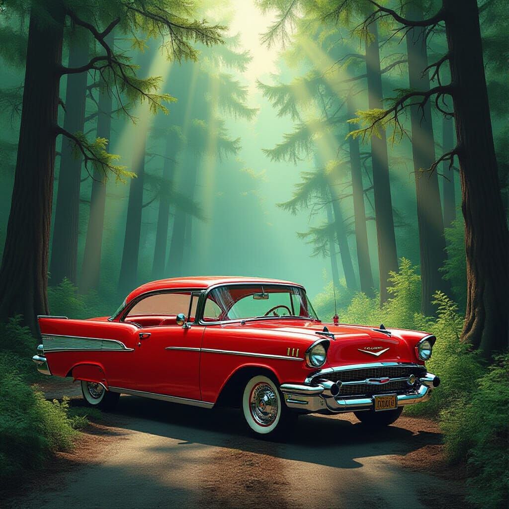Vintage Red Car in Misty Forest Sunlight