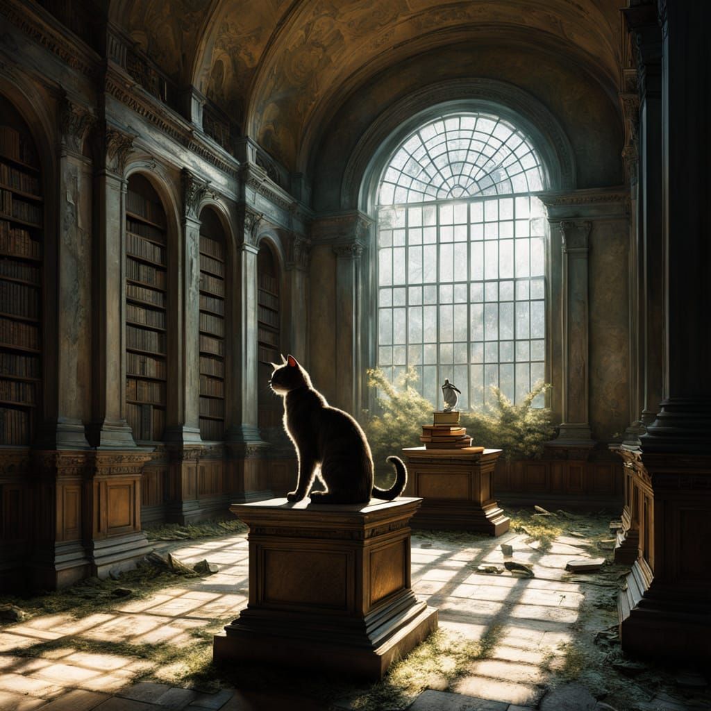 Bronze Cat Sculpture in Abandoned Library, Rodin-Rutkowski S...