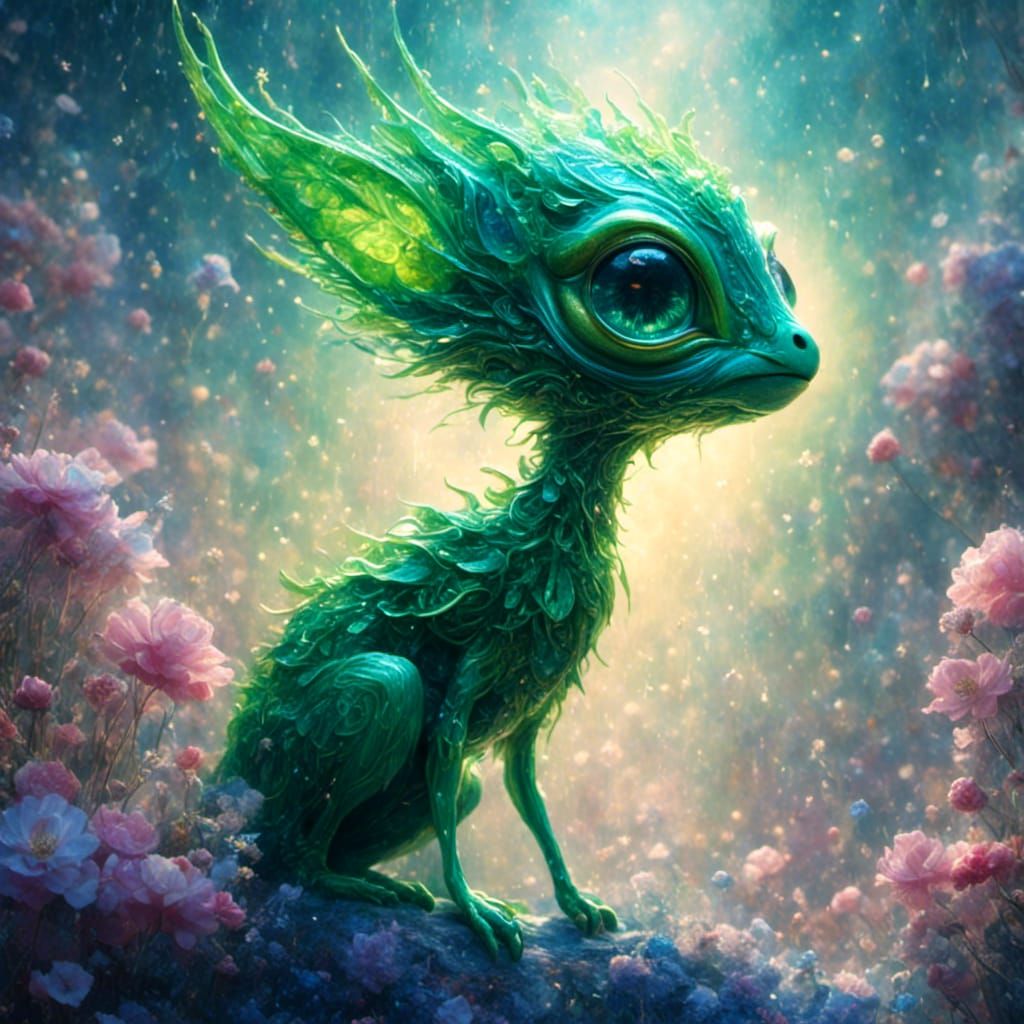 Green Alien Wandering in Space with Pastel Colors