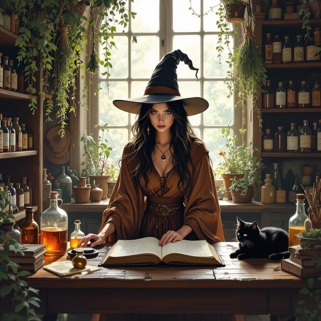 Solitary Witch in Apothecary with Cat Familiar