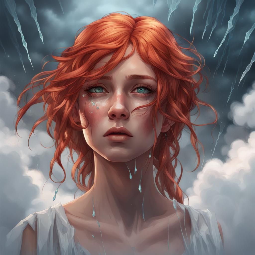 Red-Haired Girl's Crystalline Tears: Detailed Portrait