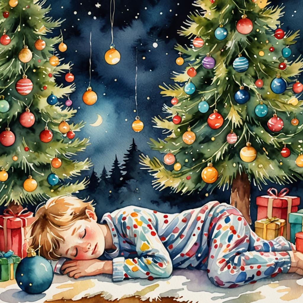 Dreamy Watercolor Christmas Scene with Sleeping Child