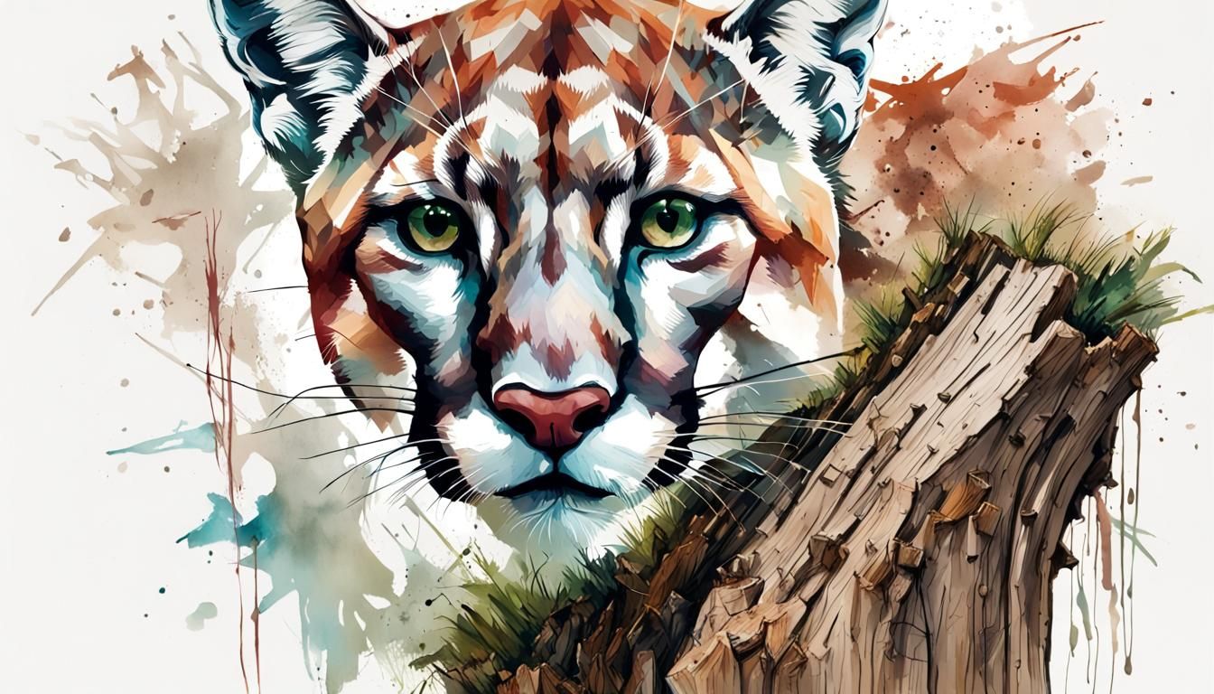 Portrait of a cougar behind a tree stump