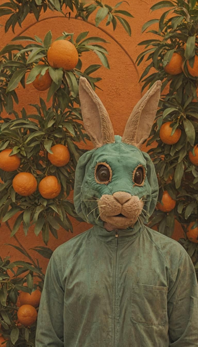 Ethereal Man in Turquoise Jumpsuit with Rabbit Mask, Amidst...