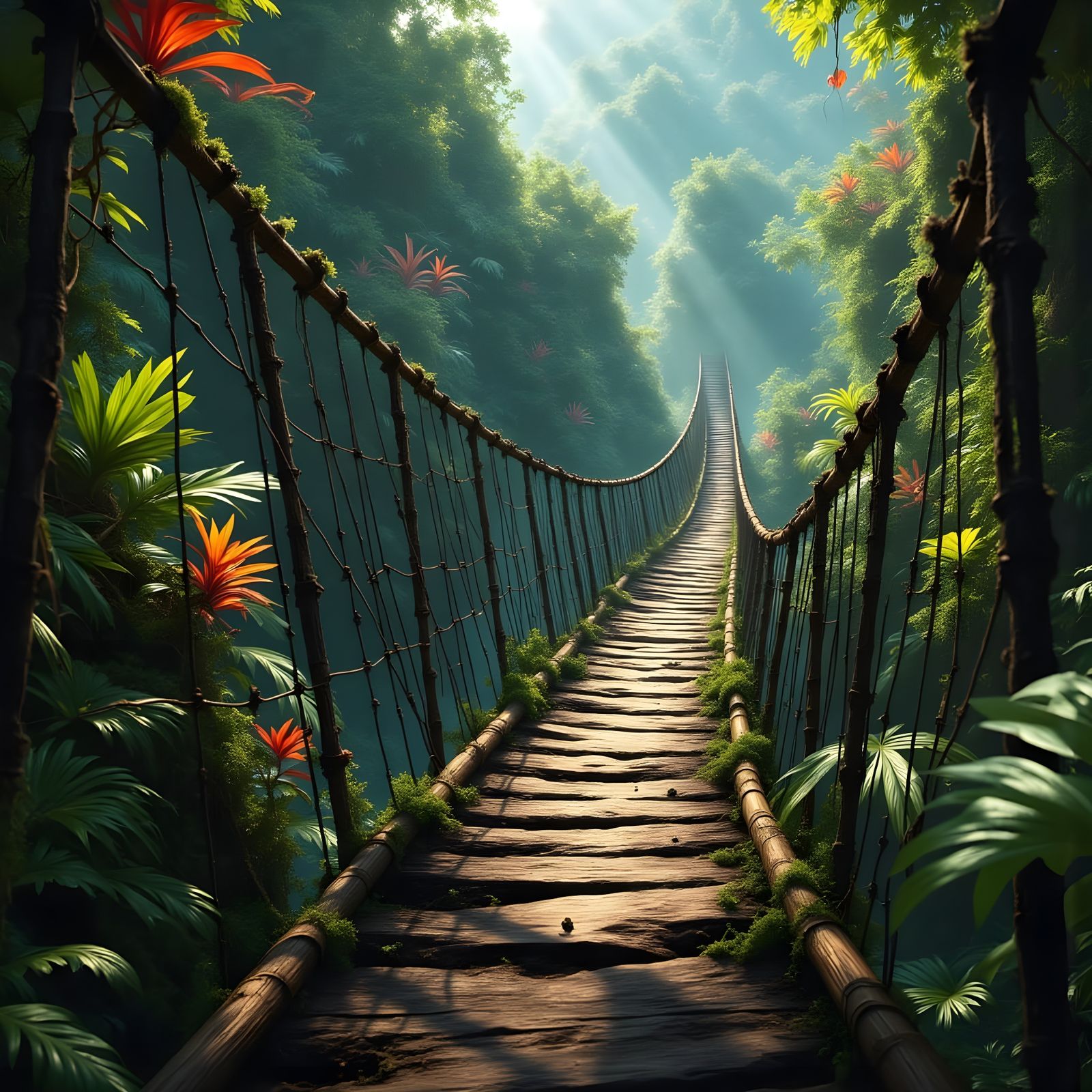 Dramatic Jungle Suspension Bridge in Hyperrealistic Style