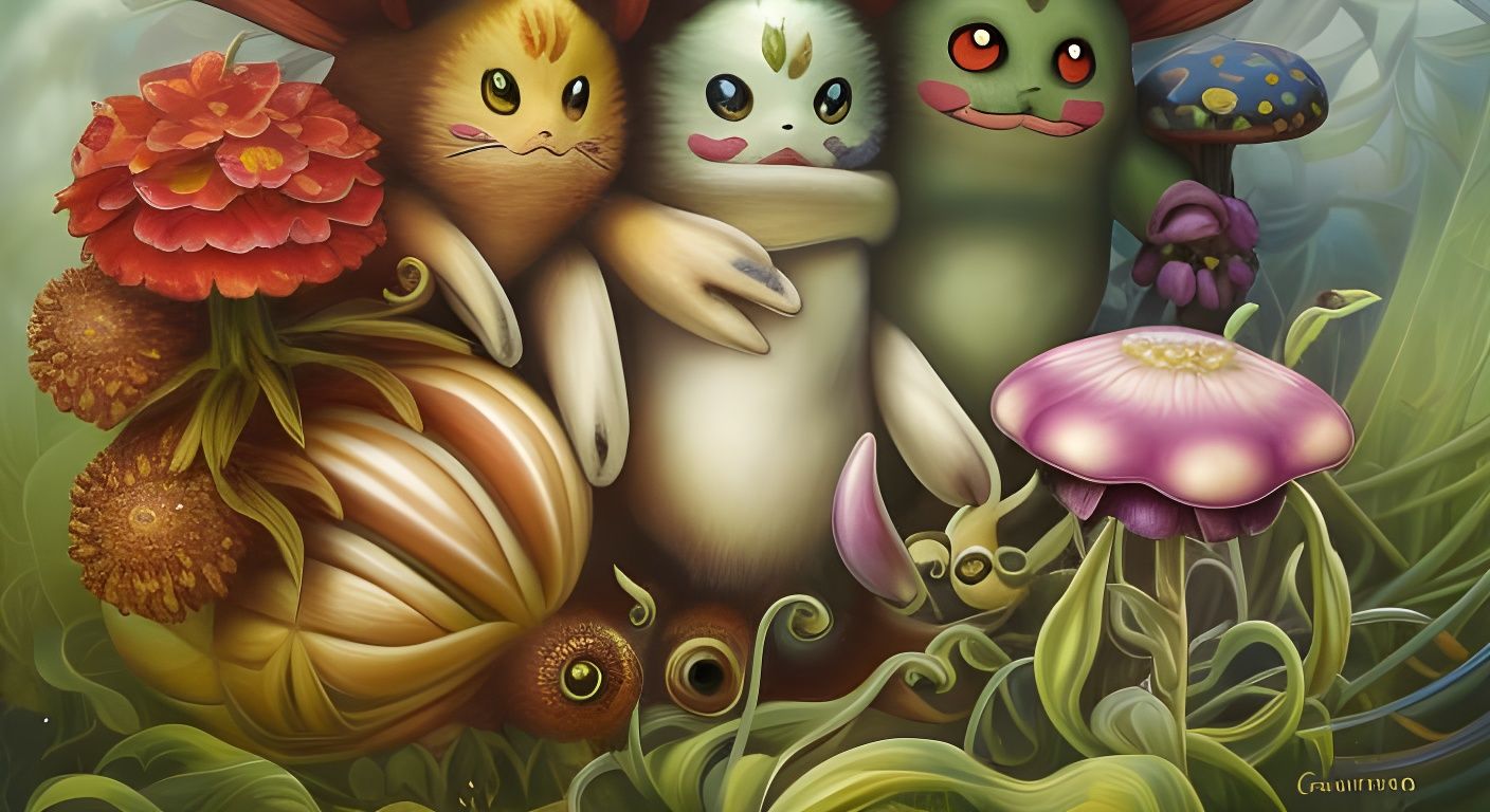 Photorealistic Pokemon Dugtrio with Flowers and Mushrooms