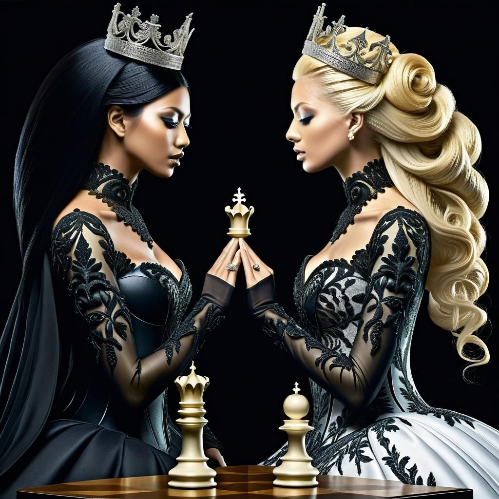 Gothic Chess Queens in Intricate Surrealistic Scene