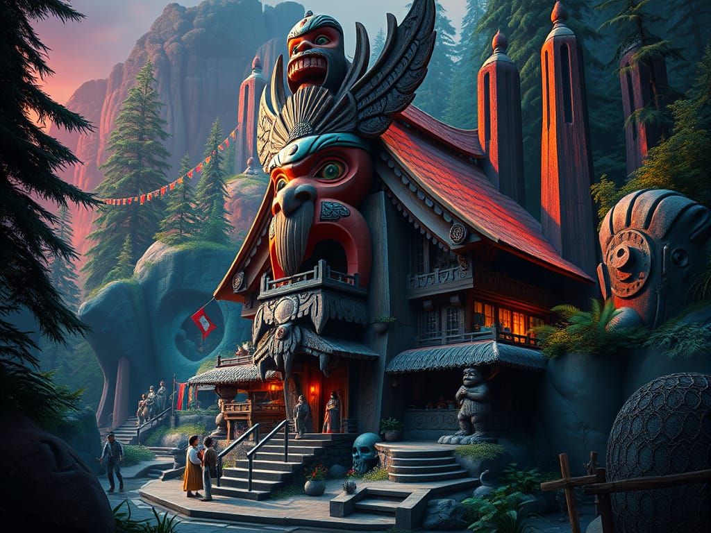 Hyperrealistic Totem House in Lush Settlement