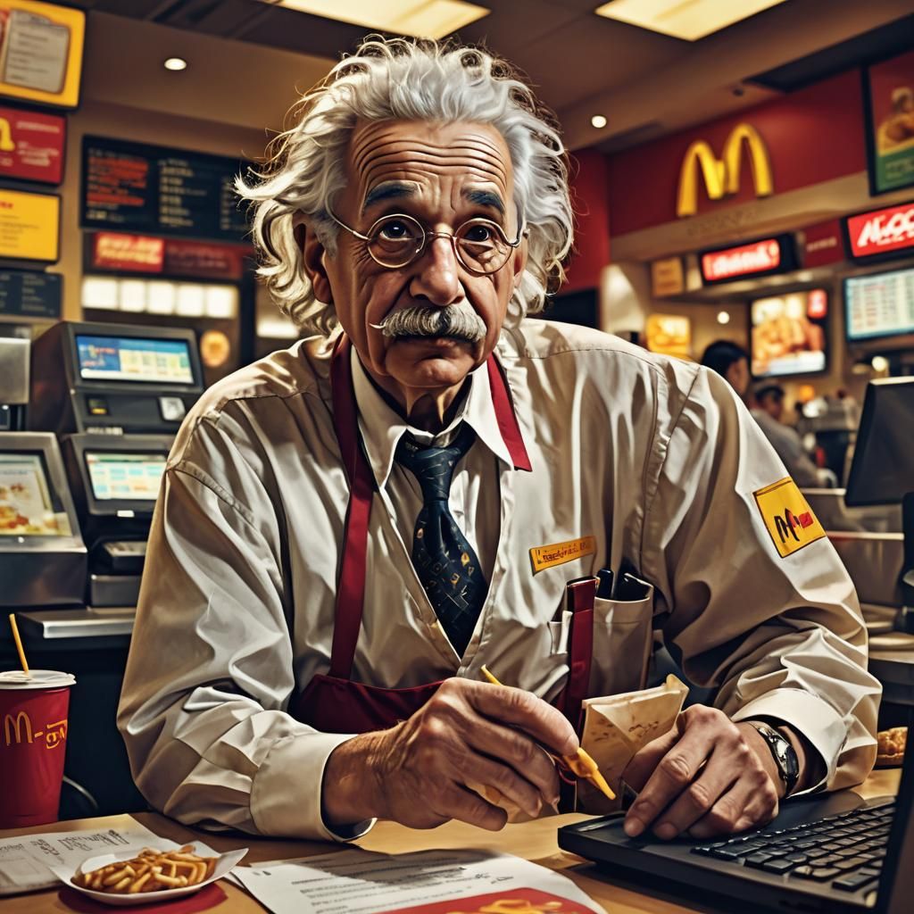 Einstein as McDonald's Cashier in Pop Art Style